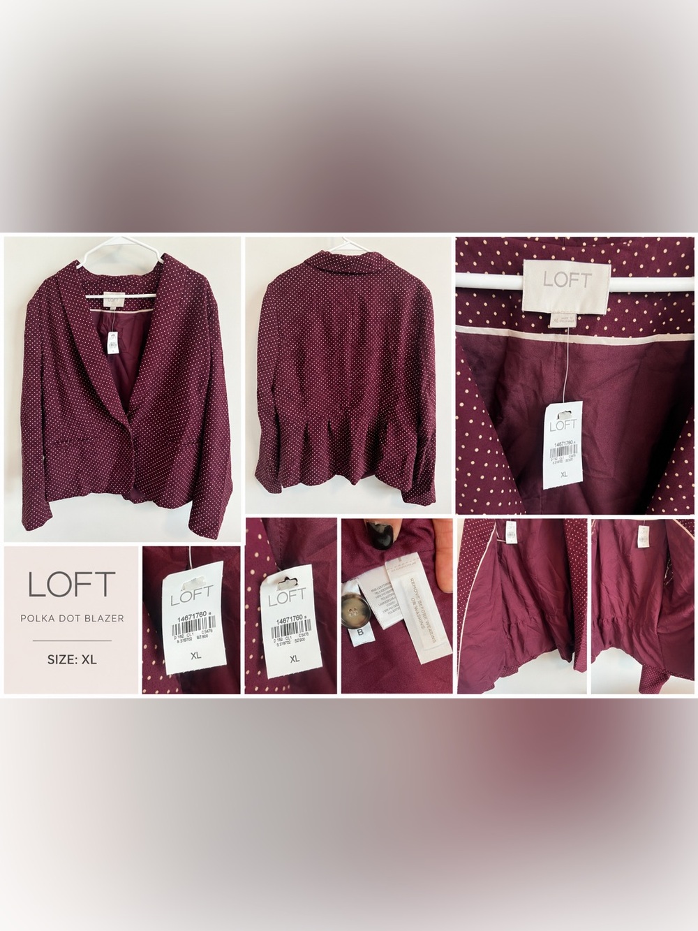 LOFT Ann Taylor Burgundy Polka Dot Blazer Jacket. XL.